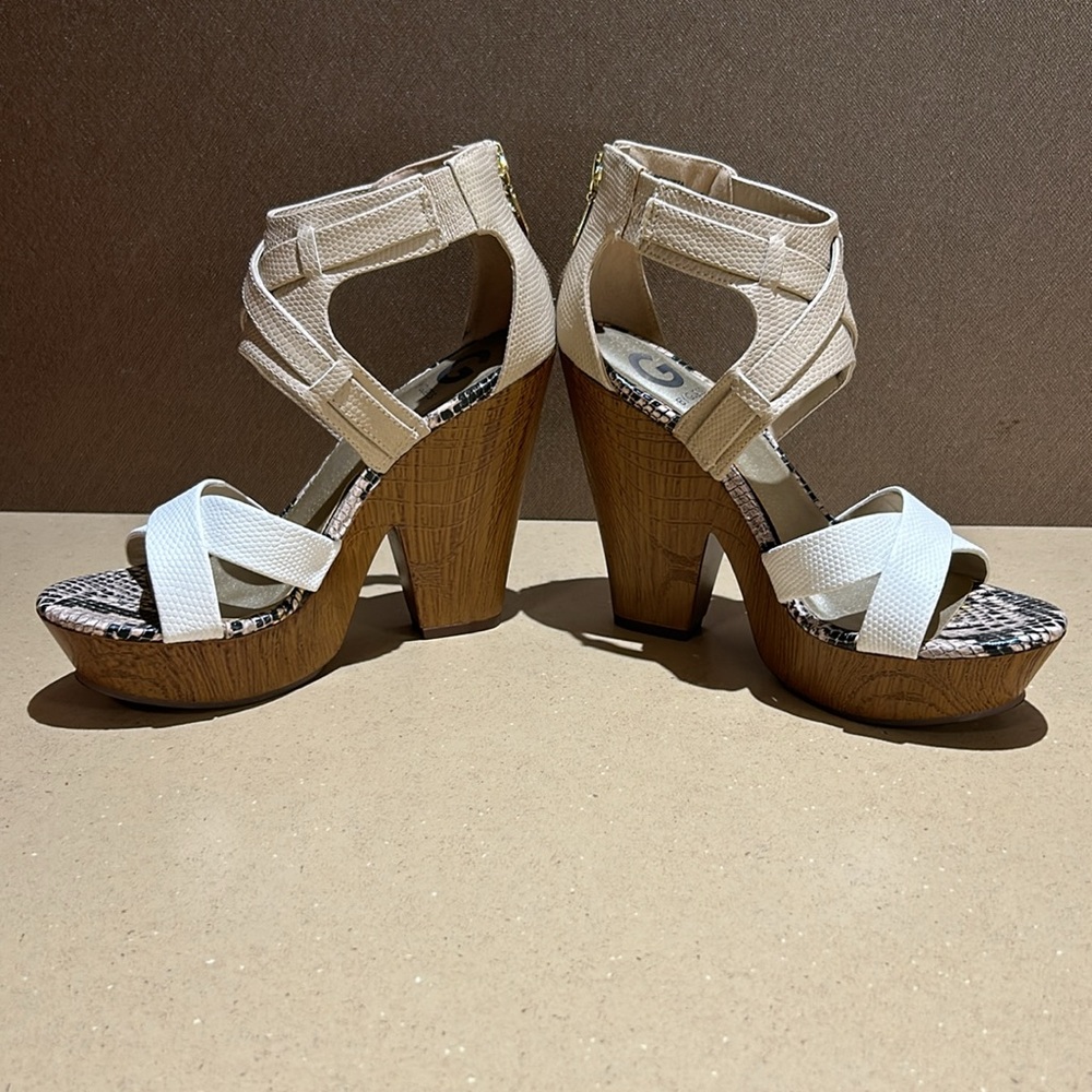 G by Guess White and Tan Platform Sandals